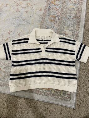 Cream Knit Polo Top with Black Stripes